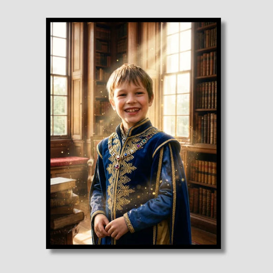 Young boy in a blue embroidered outfit standing in a room with bookshelves and windows.