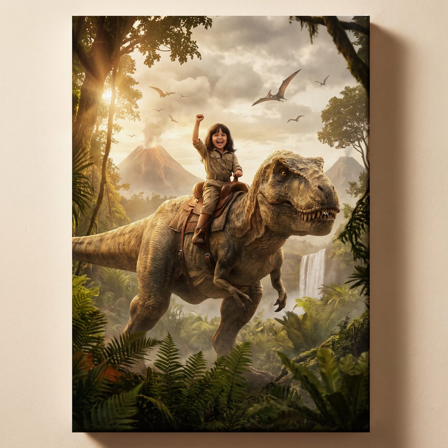 Personalized dinosaur rider artwork shown on canvas