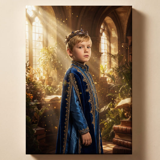 Personalized royal portrait artwork shown on canvas