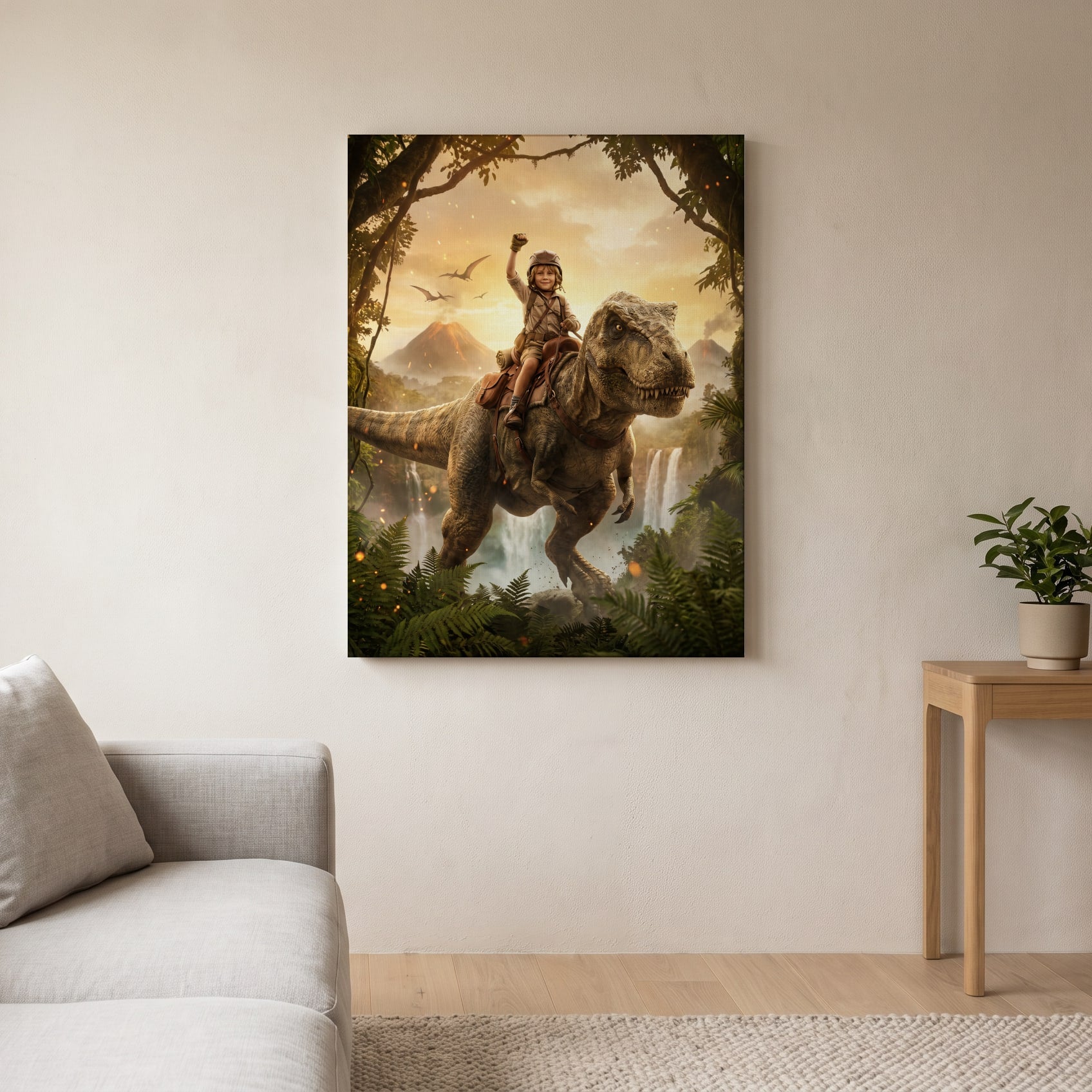 Personalized dinosaur rider artwork shown on canvas