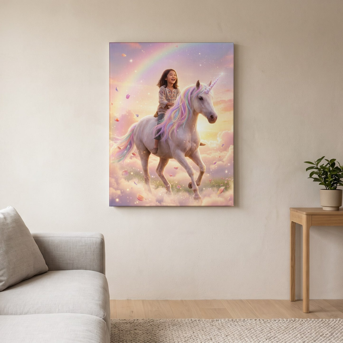 Personalized unicorn rider artwork shown on canvas
